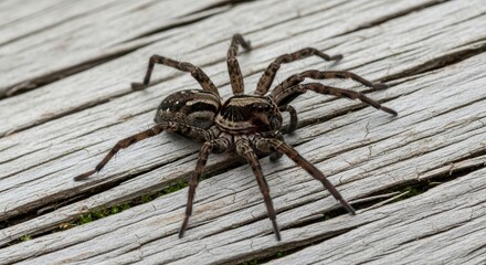 Close-up of a Brown Patterned Spider Resting on Weathered Wooden Surface Outdoors