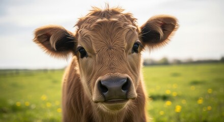 Close-up of a charming brown calf gazing directly at the viewer in sunlit pasture