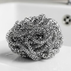 Close-up of a gleaming, tightly-coiled metallic scouring pad resting in a white sink