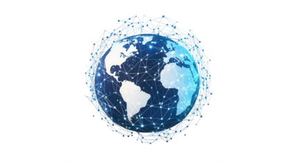 Globe with network connections showing continents on a black background in a digital style on transparent background