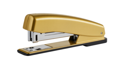 A product photograph of a vintage-style gold-colored stapler against on a transparent background.