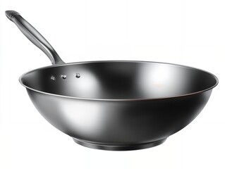 Cast iron and stainless steel frying pans on white background in kitchen setting