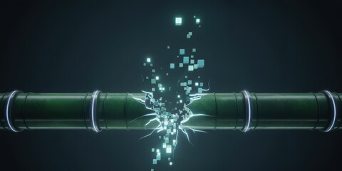 Fototapeta premium Green pipeline rupture revealing glowing digital data fragments and energy leakage