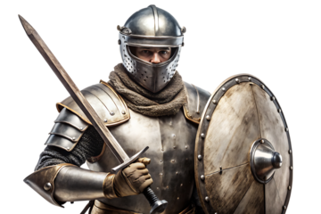 Medieval knight, in full plate armor holding sword and round shield, cutout, PNG, isolated on white or transparent background, AI
