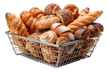 Wire basket, filled with assorted golden brown baked bread and pastries, cutout, PNG, isolated on white or transparent background, AI