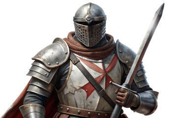 Crusader knight, medieval in full plate armor holding a sword with red cross symbol, cutout, PNG, isolated on white or transparent background, AI