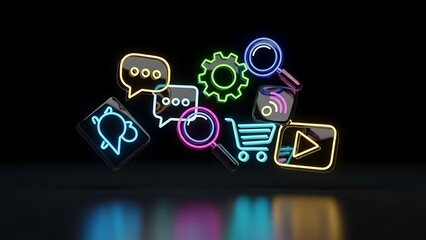 Neon icons representing online communication and digital marketing strategies for business growth and social media engagement in the modern digital age