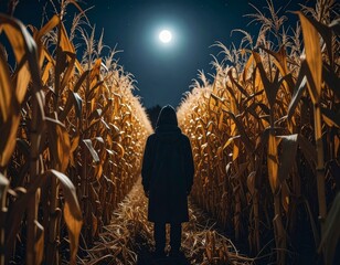 A lone figure walks through a mysterious cornfield under the glow of a full moon at night