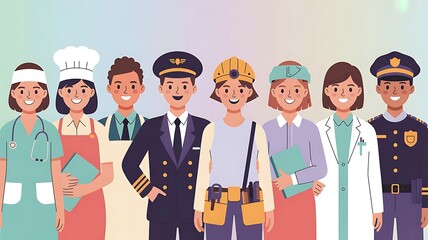 Pixel art illustration of diverse group of professionals standing together