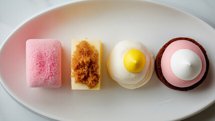 Assorted mini desserts on white marble plate, featuring variety of textures and colors, including pink sponge, crumb topped cake, lemon cream, and pink meringue tart
