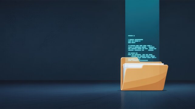 Open folder receiving digital information stream symbolizing data management.
