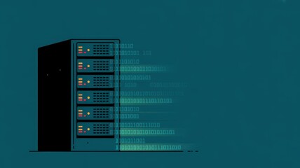 Server rack processing data with binary code stream on dark teal background.