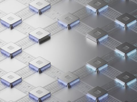 Quantum computing processors on a futuristic circuit board with glowing connections