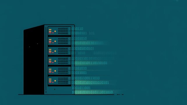 Server rack processing data with binary code stream on dark teal background.