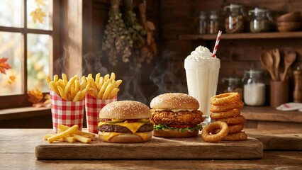 Delicious fast food meal with burgers fries milkshake and onion rings on wooden table