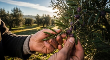 Close-up of hands gently holding an olive branch in a sun-drenched grove