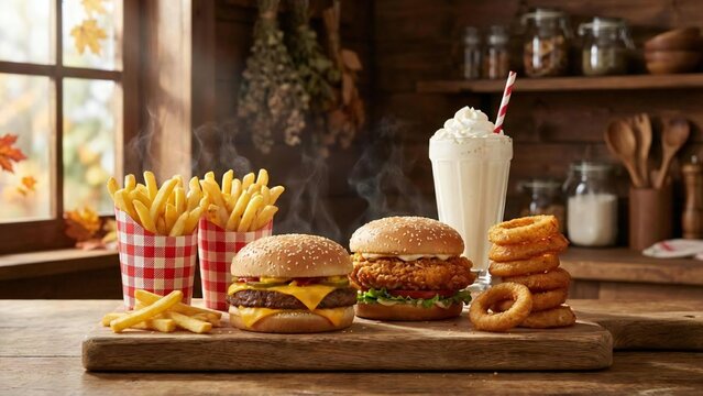 Delicious fast food meal with burgers fries milkshake and onion rings on wooden table - Powered by Adobe