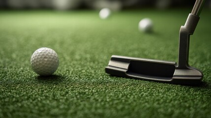 Golf putter and ball on putting green during simulated game in modern indoor golf facility enhancing practice and fun