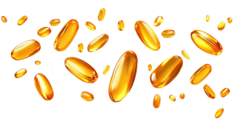 A dynamic arrangement of golden capsules floating against a white background. their glossy texture and color. ideal for health and wellness product promotions