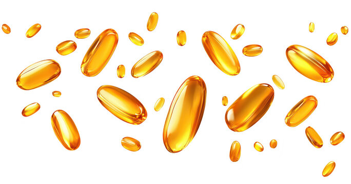 A dynamic arrangement of golden capsules floating against a white background. their glossy texture and color. ideal for health and wellness product promotions