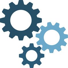 Three interlocking gears in shades of blue and dark blue vector illustration