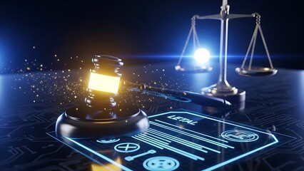 Digital Gavel Striking Virtual Bankruptcy Papers Illustration, Futuristic Online Law and Cyber Justice Concept Artwork