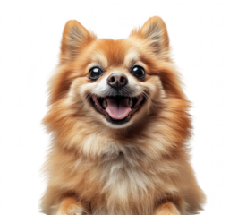 A cheerful Pomeranian dog with a fluffy coat smiles at the camera. its playful personality against a clean. white background. perfect for pet-related content