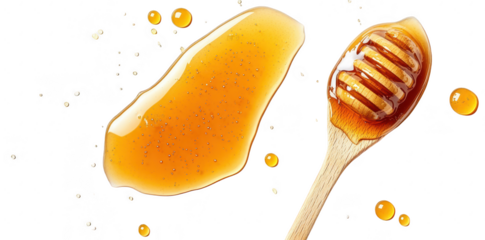 Close-up of a wooden honey dipper resting on a glossy puddle of golden honey. with scattered honey droplets in the background. creating a warm and inviting atmosphere perfect for culinary themes