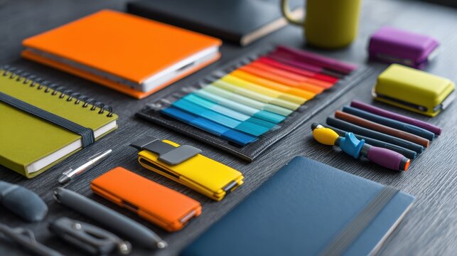 Promotional products showcase illustrating their role in marketing with diverse stationery and office supplies laid out on a wooden table
