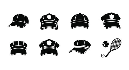 Collection of various black and white caps a tennis ball racket and disc