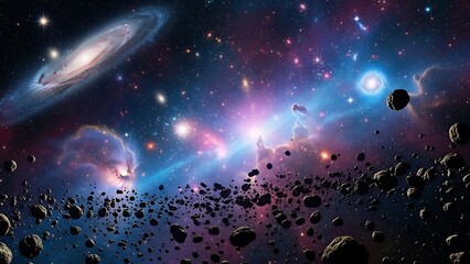 A Cosmic Journey Through Nebula and Asteroid Field in Deep Space