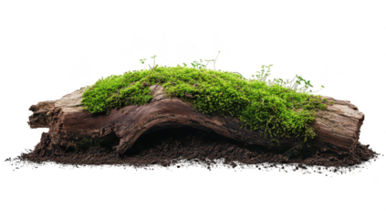 A rustic piece of wood covered with green moss and soil. set against a clean white background. ideal for nature-themed projects or eco-friendly designs