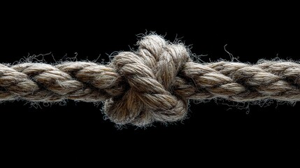 Detailed view of a tightly tied knot in natural fiber rope against a dark background