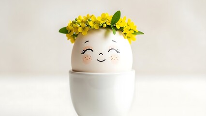 Adorable Easter egg character with floral crown and happy expression