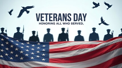 Veterans day graphic honoring all who served with flag and soldiers