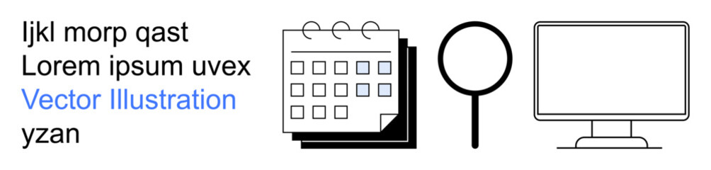 Organization, digital research, planning tools, workflow management, data analysis, and online work. A calendar icon, magnifying glass and computer screen. Organization and digital work concept