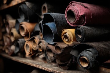 Various rolls of genuine leather neatly stored on a rack in a workshop environment, showcasing different colors and textures for leathercraft