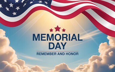 Memorial day graphic with waving american flag and sky background