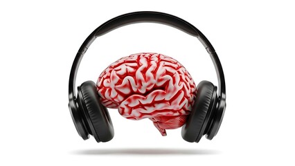 Brain listening to music with headphones isolated on white background
