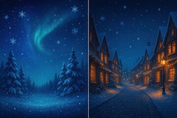 Enchanted snow covered village illuminated by warm golden lights under a starlit sky with soft snowfall and vibrant aurora borealis creating a magical winter fantasy