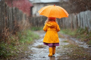 Cute girl in a raincoat and boots walking down a muddy path with a bright yellow umbrella during a rainy day in a quiet neighborhood