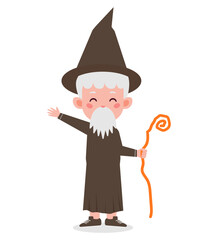 A cartoon illustration of a smiling old wizard with a white beard and brown robe holding an orange staff.