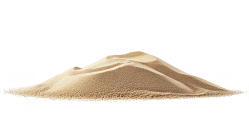 A fine mound of beige sand sits on a white background. its smooth texture and natural color. ideal for use in design. art projects. or as a background element
