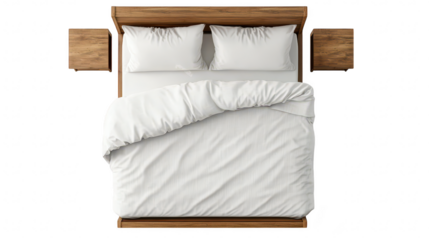 A top-down view of a neatly made bed featuring a wooden frame. soft white bedding. and two matching nightstands. creating a serene and inviting atmosphere for relaxation