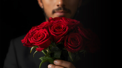 man holding bouquet of red rose on black background