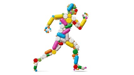 Figure of runner made of pills promoting health and wellness