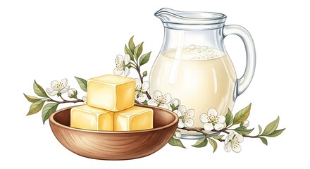 Fresh dairy goodness art illustration featuring milk butter and blossoms