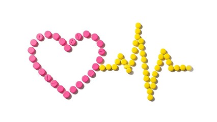 Heartbeat pills arranged in a heart shape and pulse line medical concept