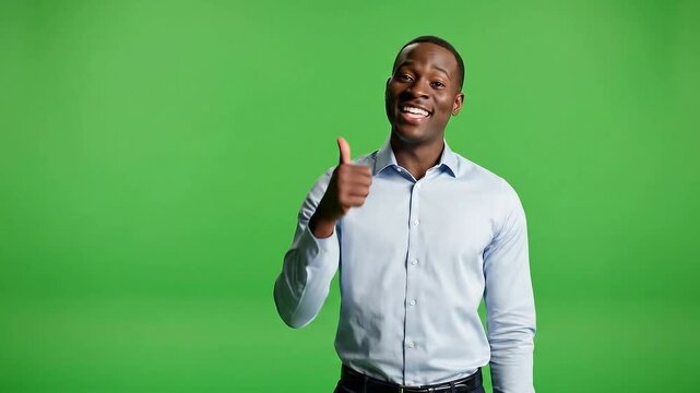Young African Man Gesturing Positively and Smiling in a Light Blue Shirt Against a Vibrant Green Screen Background for Chroma Keying and Virtual Set