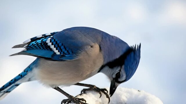 Captivating Blue Jay Sequence on a Snowy Branch in Winter Scenery close up